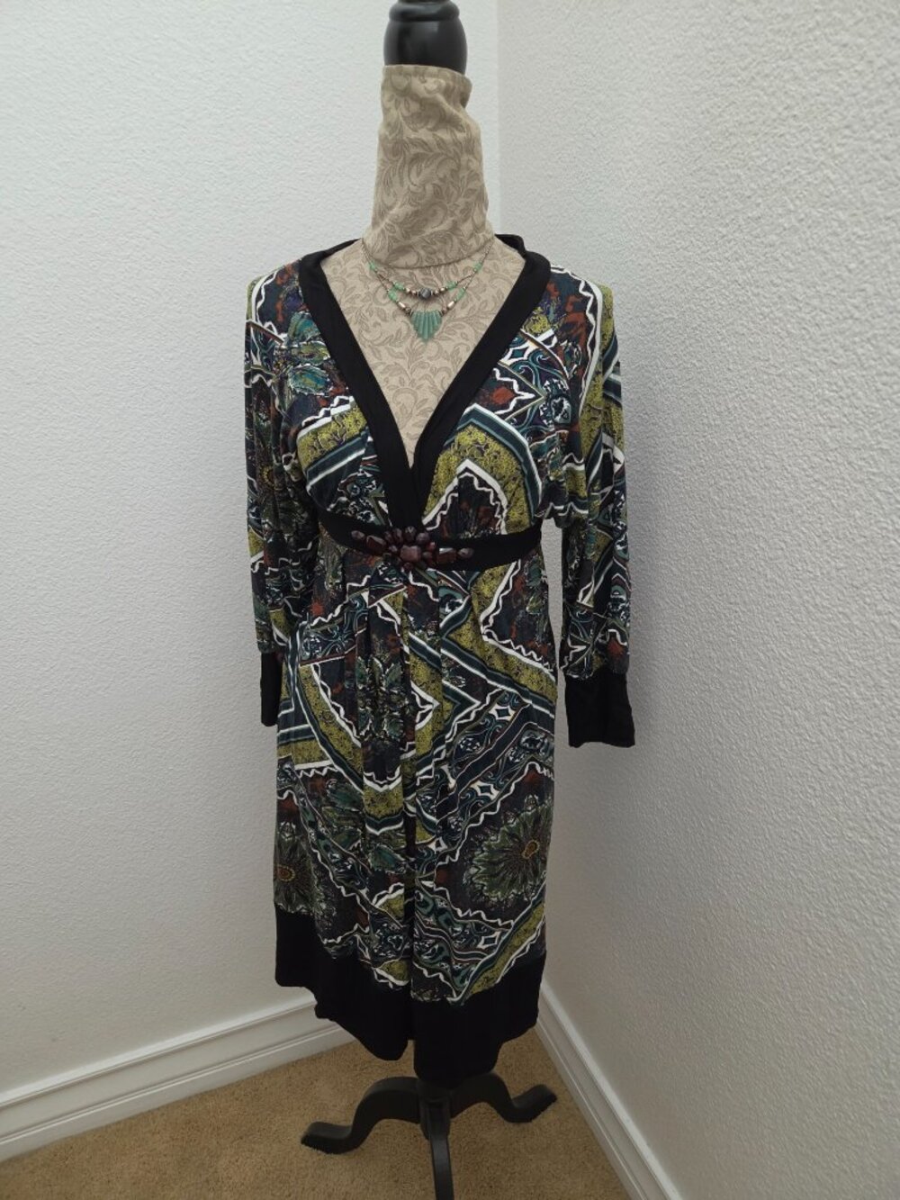 Karen Kane Bejeweled Pleated Dress & Necklace